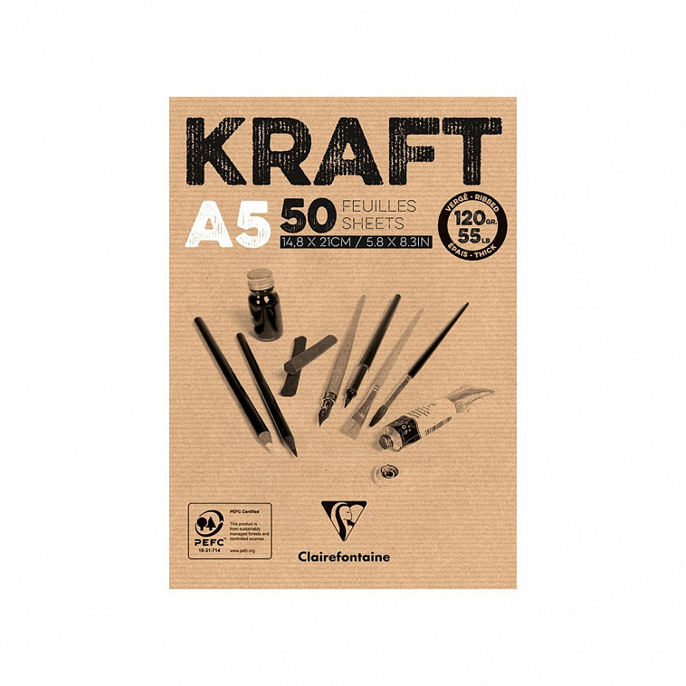 Скетчбук - блокнот на склейке Clairefontaine "Kraft" А5 50 л 120 г, верже, крафт