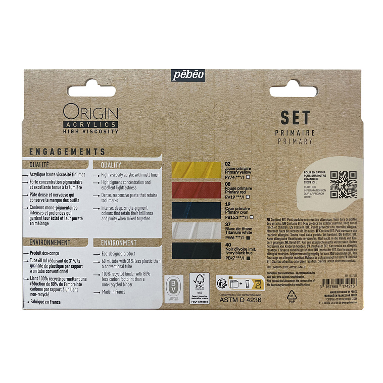 Набор акрила Pebeo "ORIGIN" Set Primary, матовый, 5 цв. х 60 мл 606x758