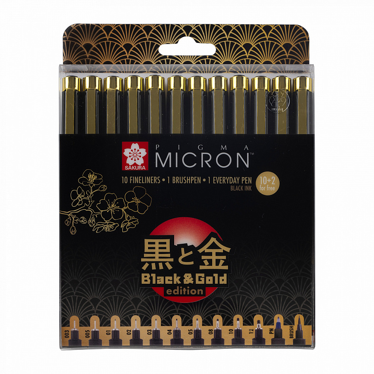 Набор линеров Sakura "Pigma Micron Gold Limited Edition" 12 шт  (003-12,brush,PN) черный