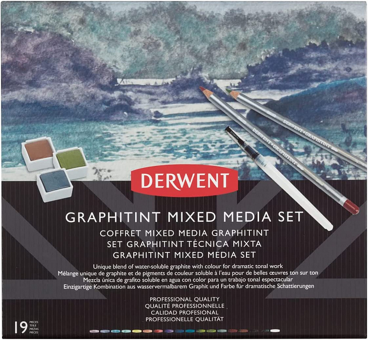 Набор Derwent "Graphitint Mixed Media" 12цв карандашей + акварельные краски 6цв + кисть