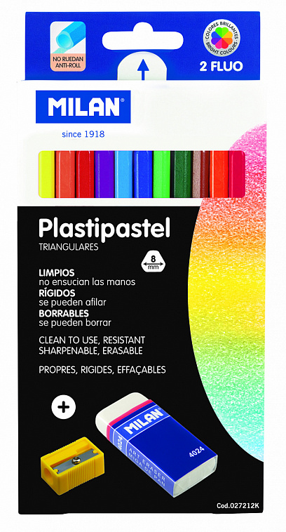 Набор цветных карандашей MILAN "Plastipastel" 12 цв, пластиковые трехгранные + ластик и точилка