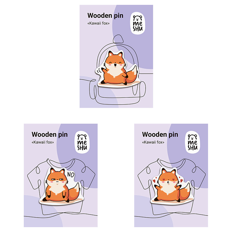 Набор деревянных значков MESHU "Kawaii fox", каширование 3 шт 606x758