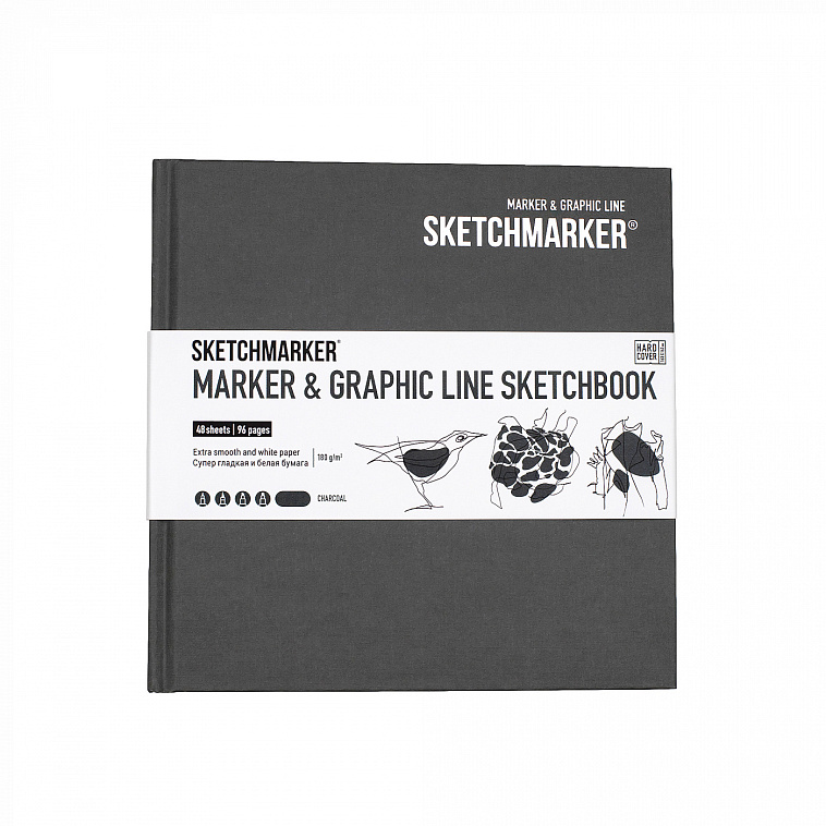 Скетчбук Sketchmarker "MARKER & GRAPHIC LINE" 16,3х16,3 см 44 л 180 г твердая обл, угольный 606x758