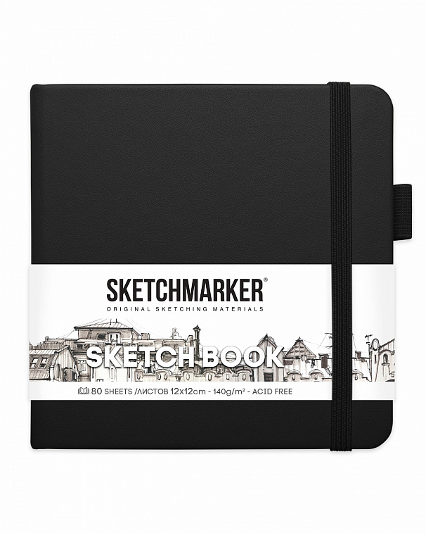 Блокнот для зарисовок Sketchmarker 12х12 см 80 л 140 г, твердая обложка Черный 606x758
