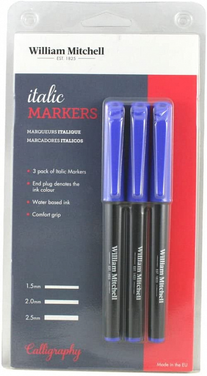 Набор маркеров для каллиграфии William Mitchell "Italic" 3 шт, цвет синий (1,5 мм, 2,0 мм, 2,5 мм) 