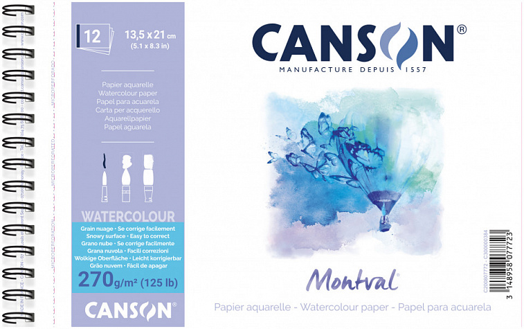 Альбом для акварели на спирали Canson "Montval" Torchon 13,5x21см 12 л 270 г 606x758