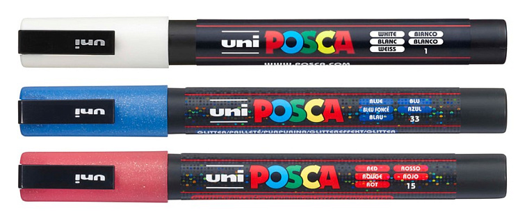 Набор маркеров POSCA PC-3M, 3 шт, белый/красный с блестками/синий с блестками, в блистере 606x758