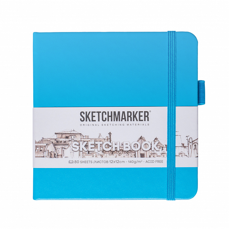 Блокнот для зарисовок Sketchmarker 12*12 cм 80 л 140 г, твердая обложка Синий неон 606x758