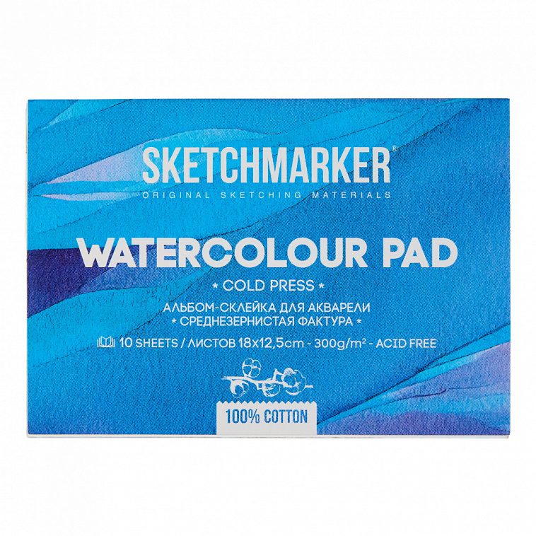 Альбом-склейка для акварели Sketchmarker 12,5х18 см 10 л 300 г, хлопок, среднезернистая 606x758