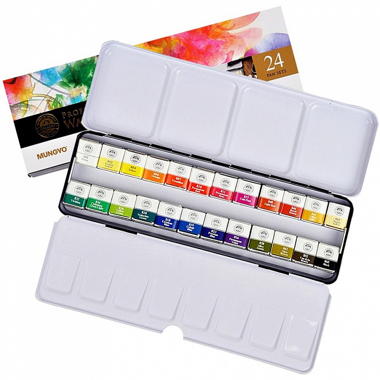 Набор акварели Mungyo "Gallery" 24 цв мал. кюветы в металлической коробке 606x758