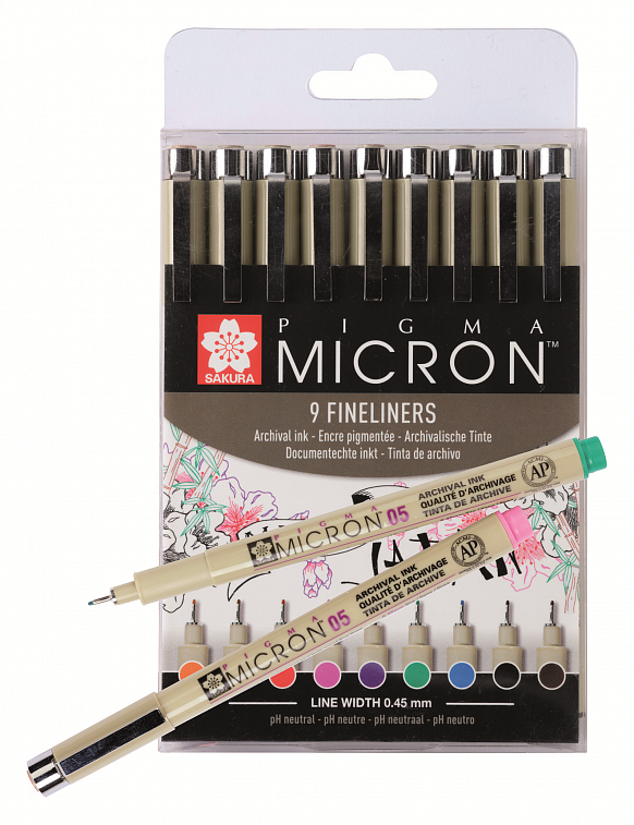 Набор капиллярных ручек Sakura "PIGMA MICRON" 9 шт (0,45 мм) цветные