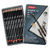 Набор карандашей чернографитных Derwent "Graphic Medium" 12 шт (4H-6B) в металл коробке   1