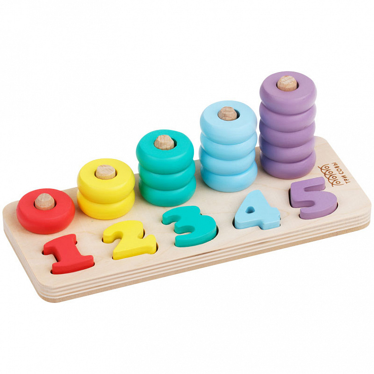 Развивающая игрушка ТРИ СОВЫ Логическая пирамидка "Учимся считать", дерево, 5 съемных цифр, 15 колец