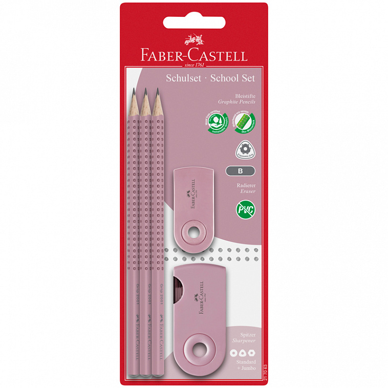 Набор карандашей чернографитных Faber-castell "GRIP 2001" 3 шт, В, точилка и ластик "Sleeve mini" в 