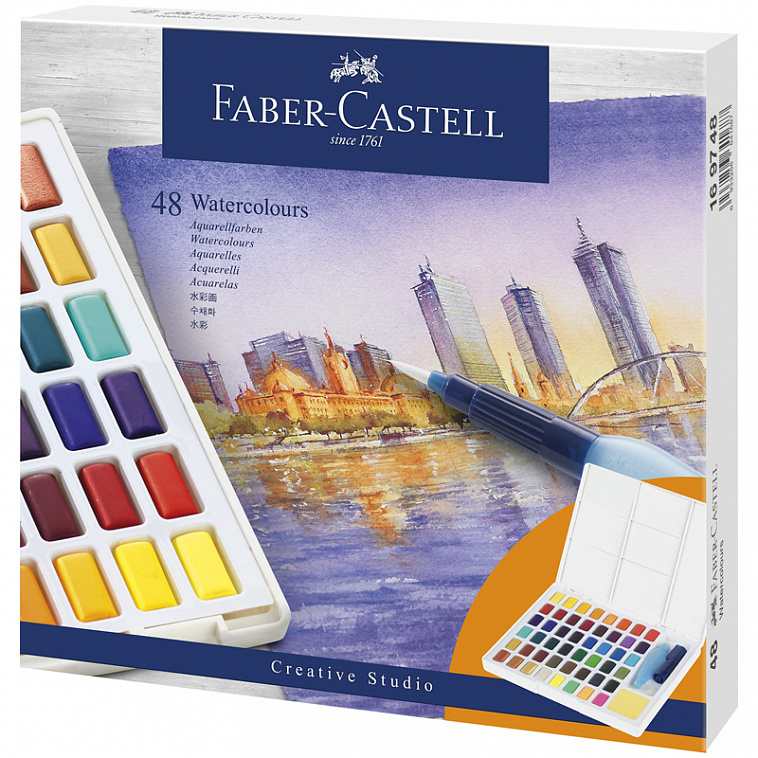 Набор акварели Faber-Castell "Watercolours" 48 цв., кюветы, + кисть "Water Brush"+ съемная палитра