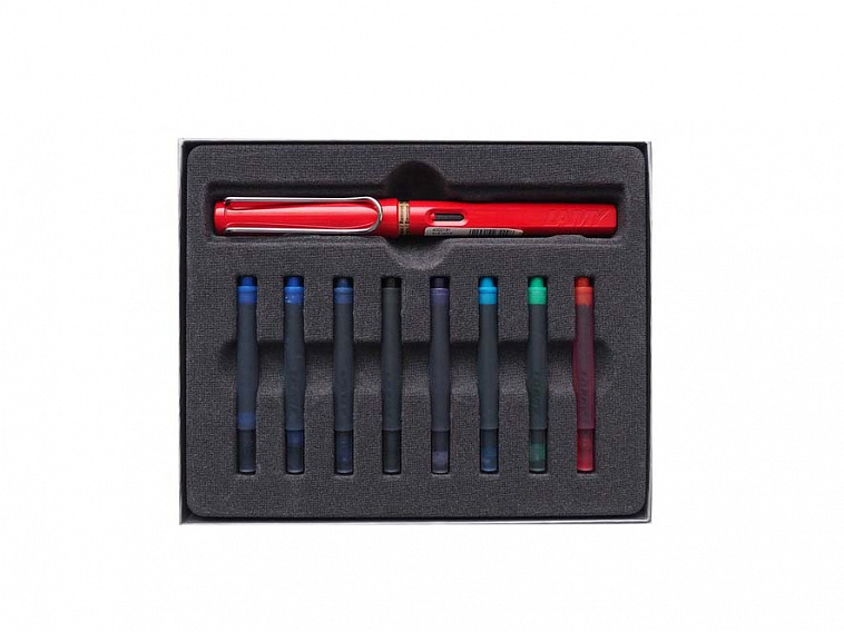 Набор ручка перьевая LAMY Safari, F корпус красный+ картриджи ассорти 8 шт