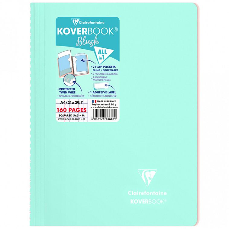 Тетрадь в клетку Clairefontaine "Koverbook Blush" А4 80 л 90 г, пластик. обложка, мятная