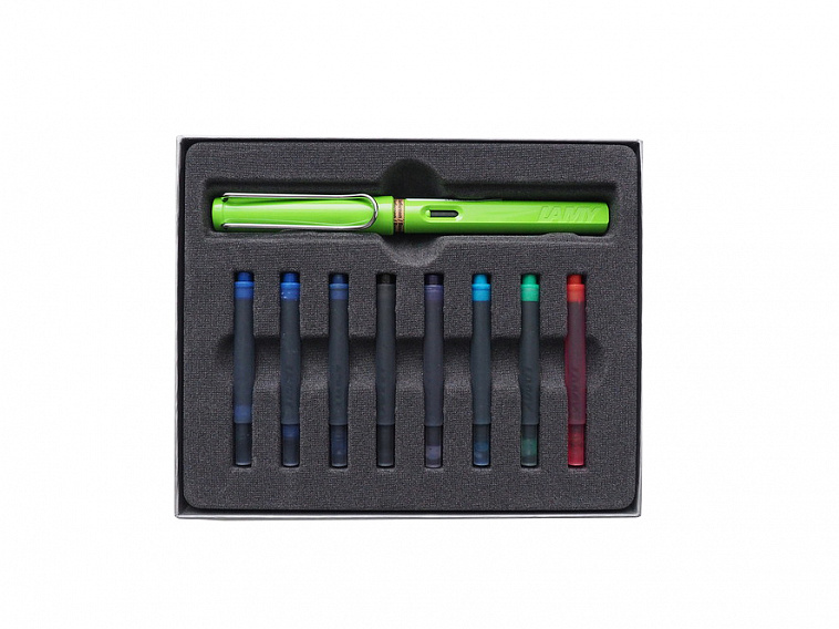 Набор ручка перьевая LAMY Safari, F корпус зеленый+ картриджи ассорти 8 шт