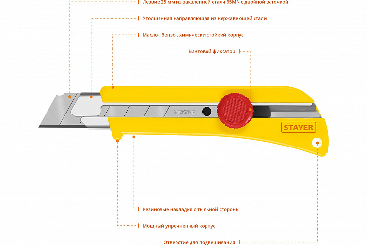 Нож с винтовым фиксатором Stayer SK-25, сегмент. лезвия 25 мм, усиленный корпус