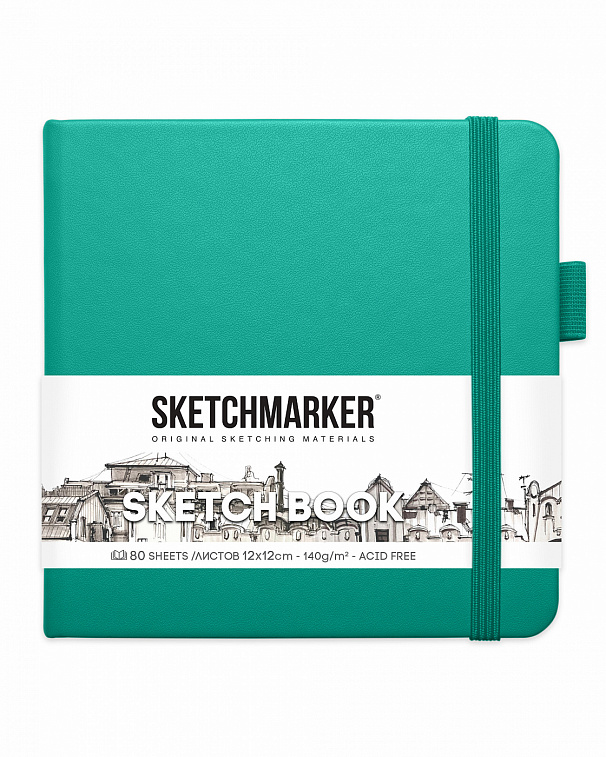 Блокнот для зарисовок Sketchmarker 12х12 см 80 л 140 г, твердая обложка Изумрудный 606x758