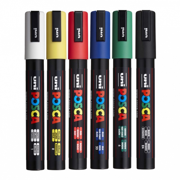Набор маркеров UNI POSCA PC-5M "Стандартные цвета" 6 шт 1,8-2,5 мм, в пластиковой упаковке