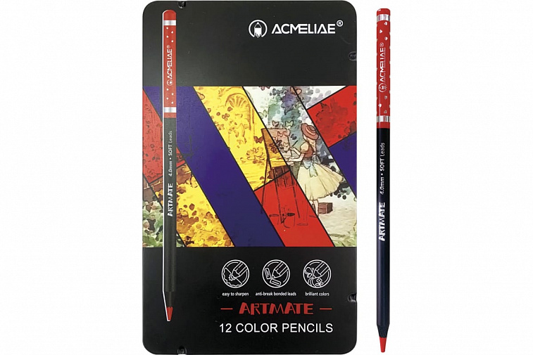 Набор карандашей цветных ACMELIAE "Blackwood Artmate" 12 цв, в металлическом футляре