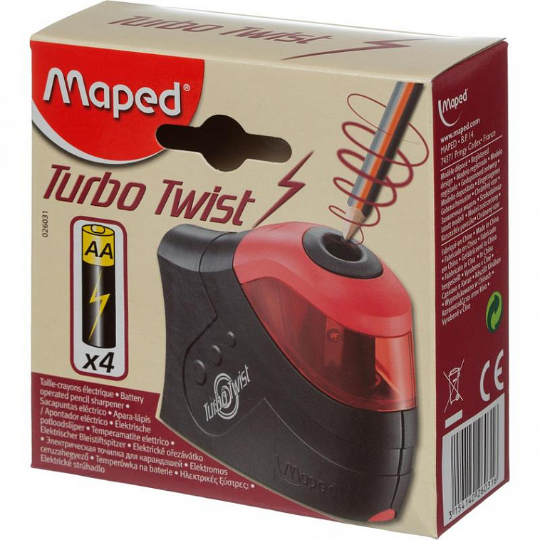 Точилка электрическая Maped Turbo Twist  с 1 отверстием, с контейнером (работает от батареек)