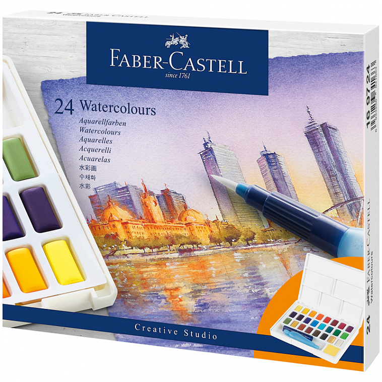 Набор акварели Faber-Castell "Watercolours" 24 цв + кисть "Water Brush"+ съемная палитра, пластикова