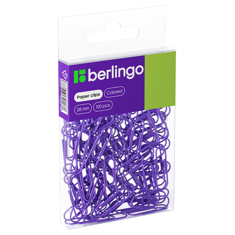 Скрепки Berlingo 28 мм, 100 шт, цветные, ПВХ упак., европодвес, фиолетовые 606x758
