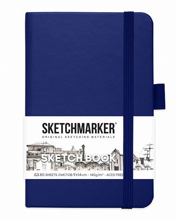 Блокнот для зарисовок Sketchmarker 9х14 см 80 л 140 г, твердая обложка Королевский синий 606x758