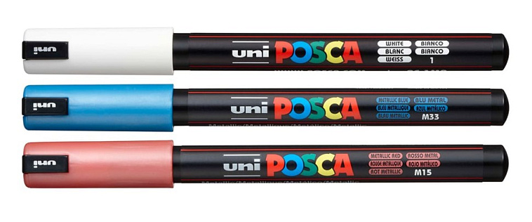 Набор маркеров POSCA PC-1M, 3 шт,R, белый/красный металлик/синий металлик, в блистере 606x758