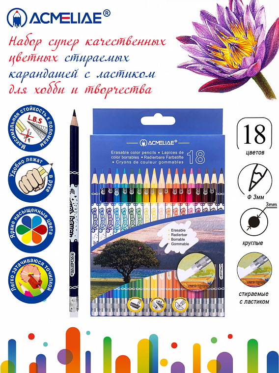 Набор карандашей стираемых цветных  Acmeliae 24 цв, картонном футляре