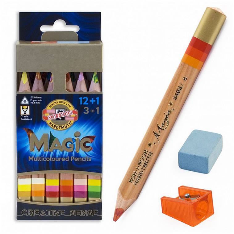 Набор карандашей многоцветных Koh-I-Noor "Magic Original" 12 шт, с ластиком и точилкой, картон.упак.