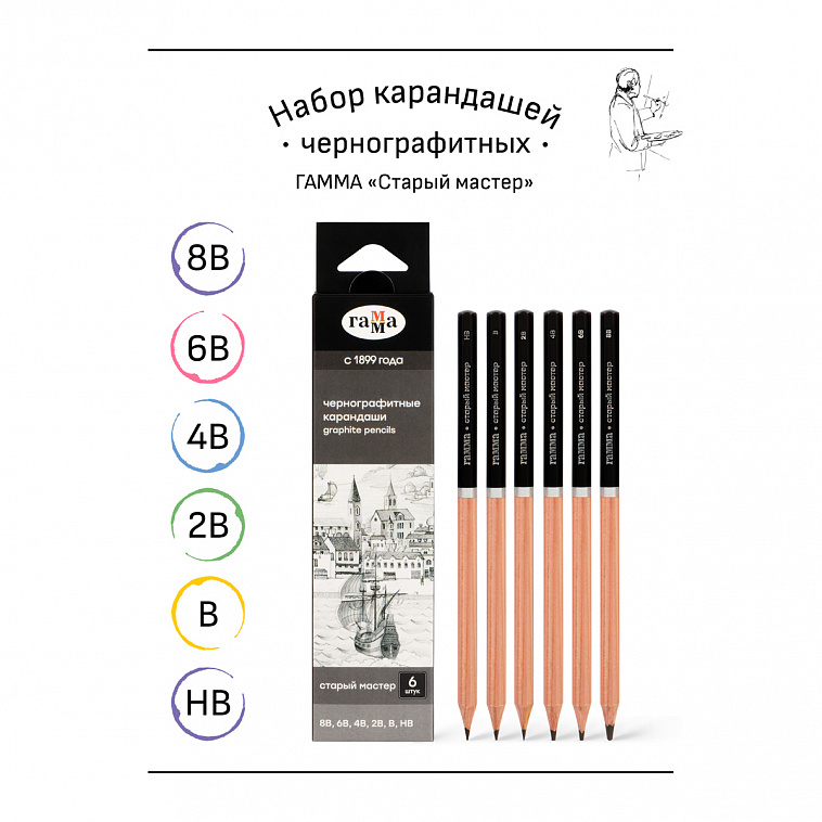 Набор карандашей чернографитных Гамма 6 шт., 8B-HB, картон. упаковка, европодвес