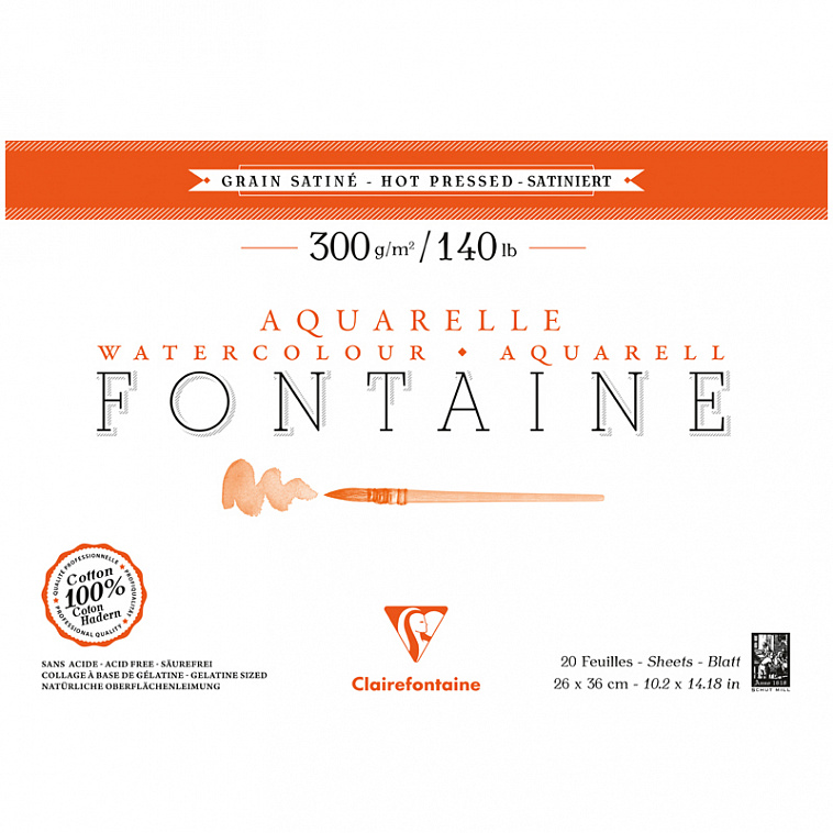 Альбом-склейка для акварели Clairefontaine "Fontaine Grain satiné" Сатин 26х36 см 20 л 300 г, горяч.