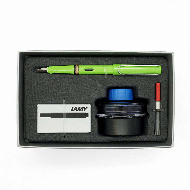 Набор ручка перьевая LAMY Safari, F, Зеленый+Картр. черн.+чернила син.+конвертер 606x758