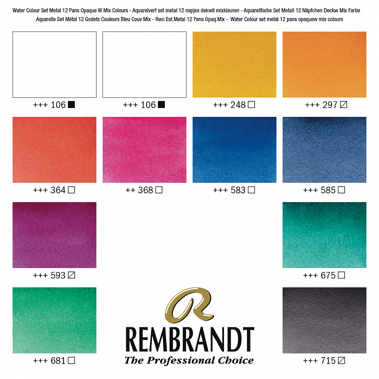 Набор акварели Talens "Rembrandt" Opaque mix 12 цв в металической коробке