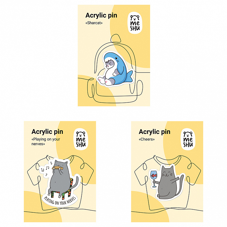 Набор акриловых значков MESHU "Gray cats" 3 шт, прямая УФ-печать