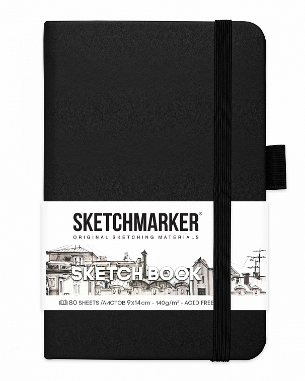 Блокнот для зарисовок Sketchmarker 9х14 см 80 л 140 г, твердая обложка Черный 606x758