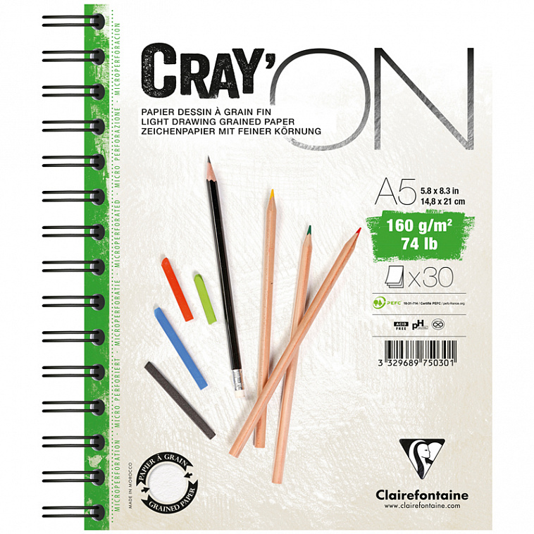 Блокнот на гребне Clairefontaine "Cray'ON" А5 30 л 160 г, мелкозернистый 606x758