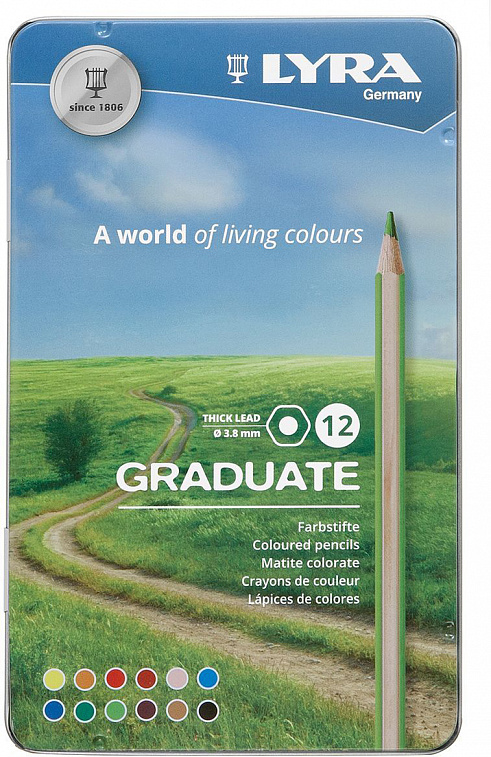 Набор гексагональных карандашей цветных Lyra "Graduate" 12 цв, в металлическом пенале