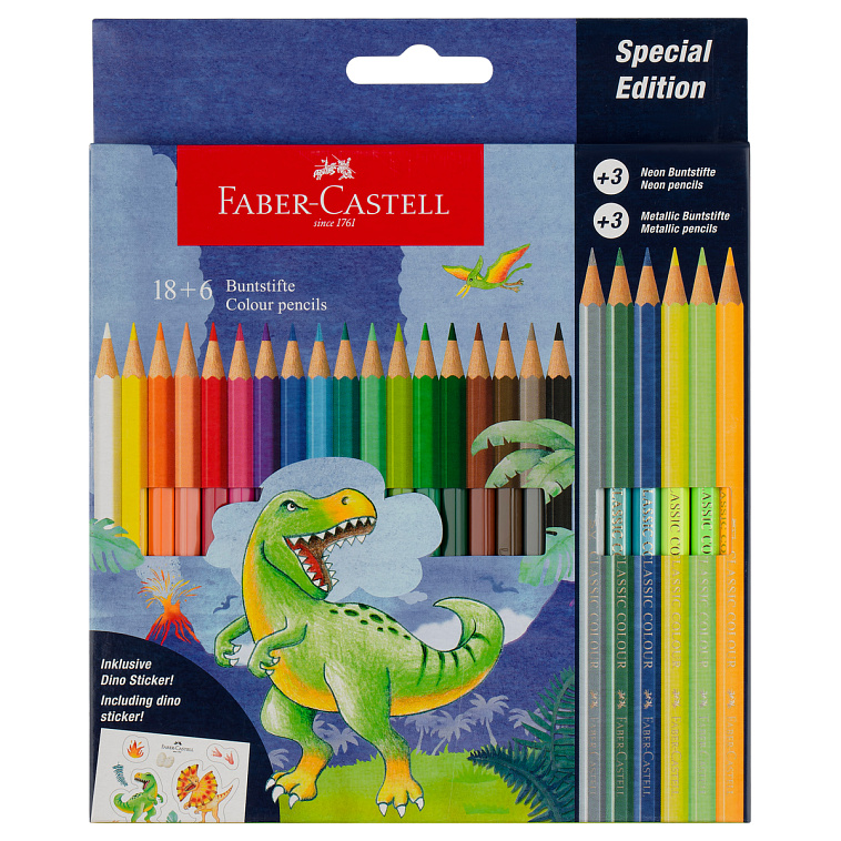 Набор карандашей цветные Faber-Castell "Dinosaur", 18 цв. + 3 цв. металл. + 3 цв. неон. + наклейки,  606x758
