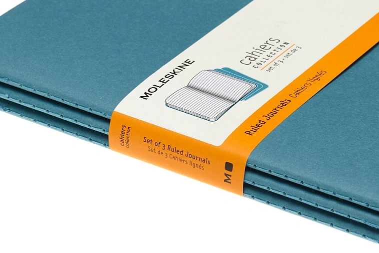 Блокнот в линейку Moleskine "Cahier Journal" 3 шт Large 13х21 мм 84 стр, обложка голубая 606x758