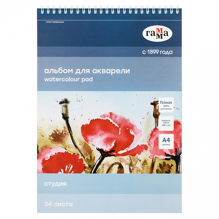 Альбом для акварели на спирали Гамма "Студия" А4 24 л 200 г, среднее зерно, перфорация на отрыв 606x758