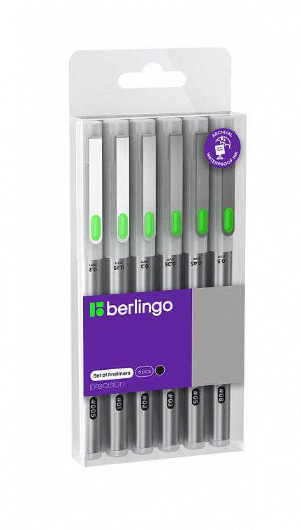 Набор капиллярных ручек Berlingo "Precision" черные, 6 шт, 0,2/0,25/0,3/0,35/0,45/0,5 мм, европодвес