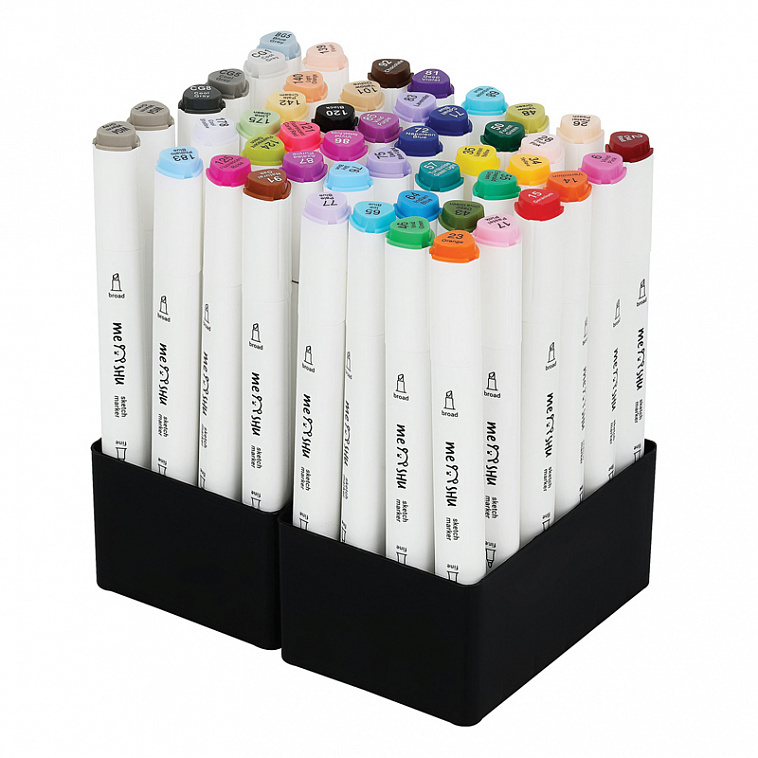 Набор двусторонних маркеров для скетчинга MESHU основные цвета 48 цв, текстильный чехол на молнии