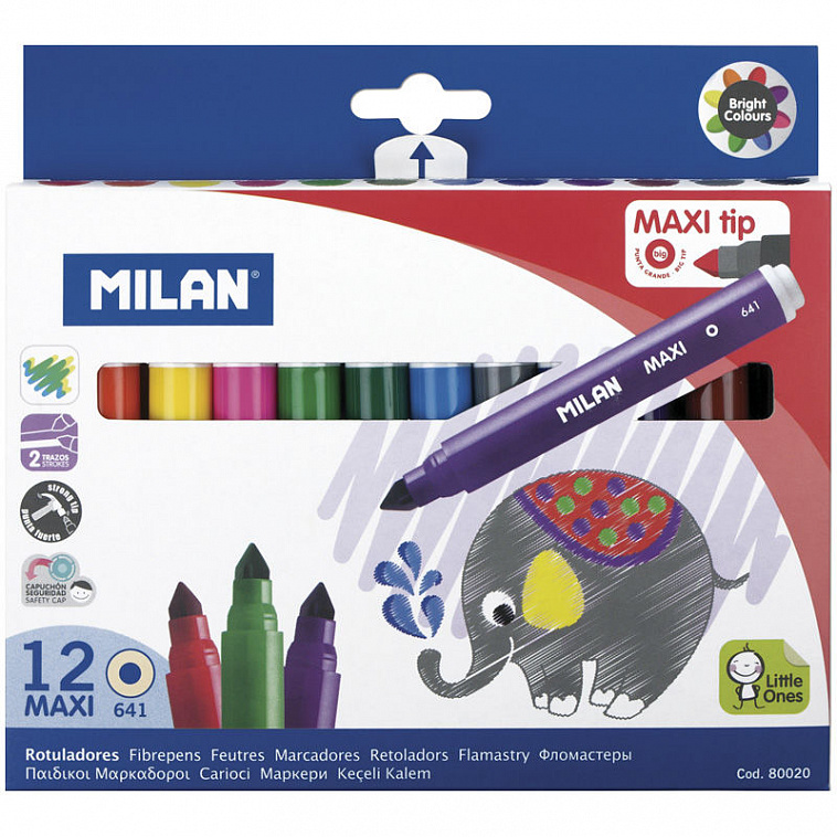Набор фломастеров MILAN "Maxi" 12 цв, трехгранные, в картонной упаковке, европодвес 