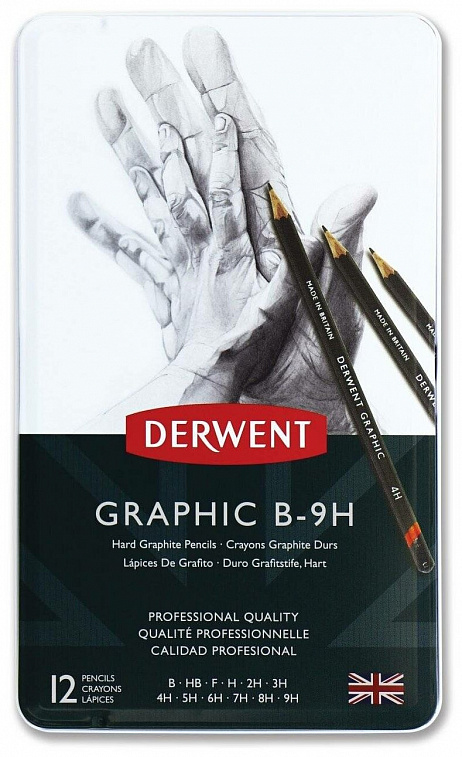 Набор карандашей чернографитных Derwent "Graphic Hard" 12 шт (B-9H) в металл коробке  