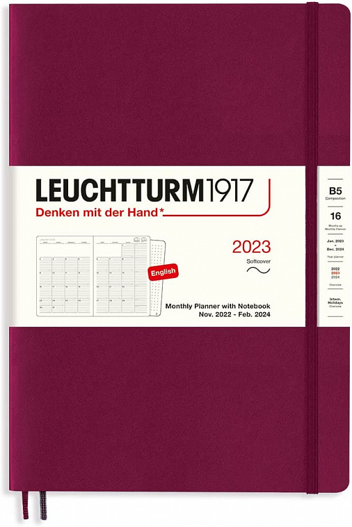 Планер-блокнот ежемесячный Leuchtturm1917 Composition B5 на 2023г (16мес) 68 л, тв. обл, цвет: Портв