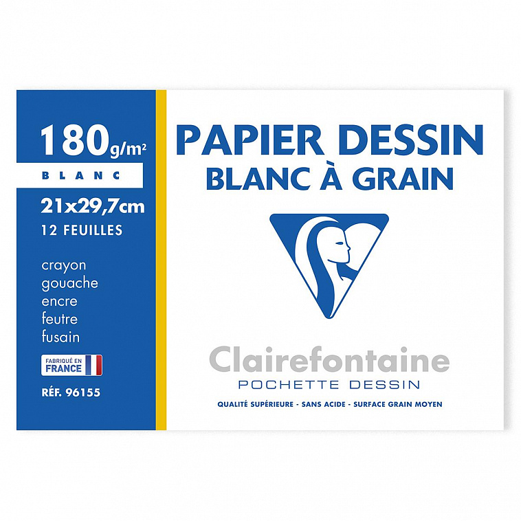 ▲Папка для черчения,рисования Clairefontaine "Paiper Dessin a Grain" А4 12 л 180 г/м2 зернистая